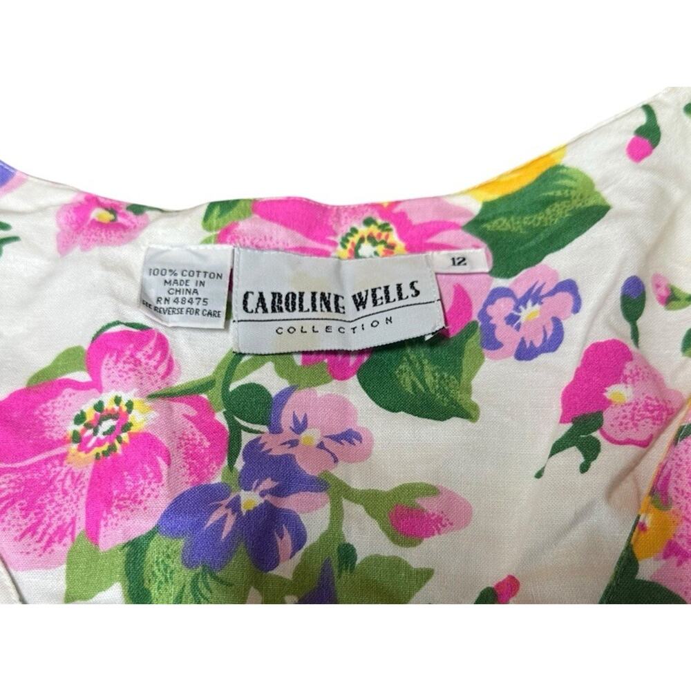 Vtg 80s Cottagecore White Pink Floral Midi Dress Drop Waist Shoulder Pads Sz 12 - Picture 10 of 11